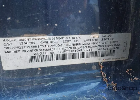 2009 Volkswagen Jetta Se из США, поврежденный, VIN 3VWRZ71K19M133718